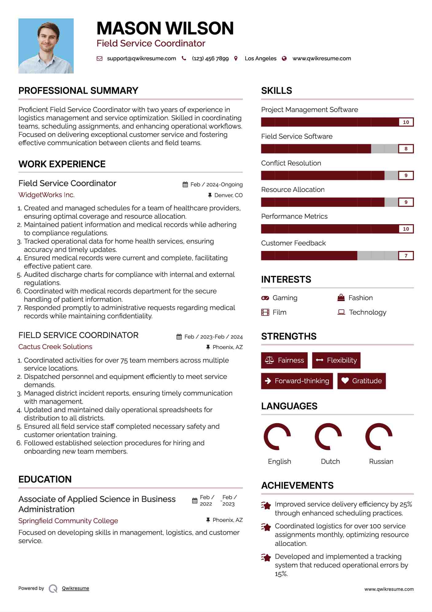 Field Service Coordinator Resume Format