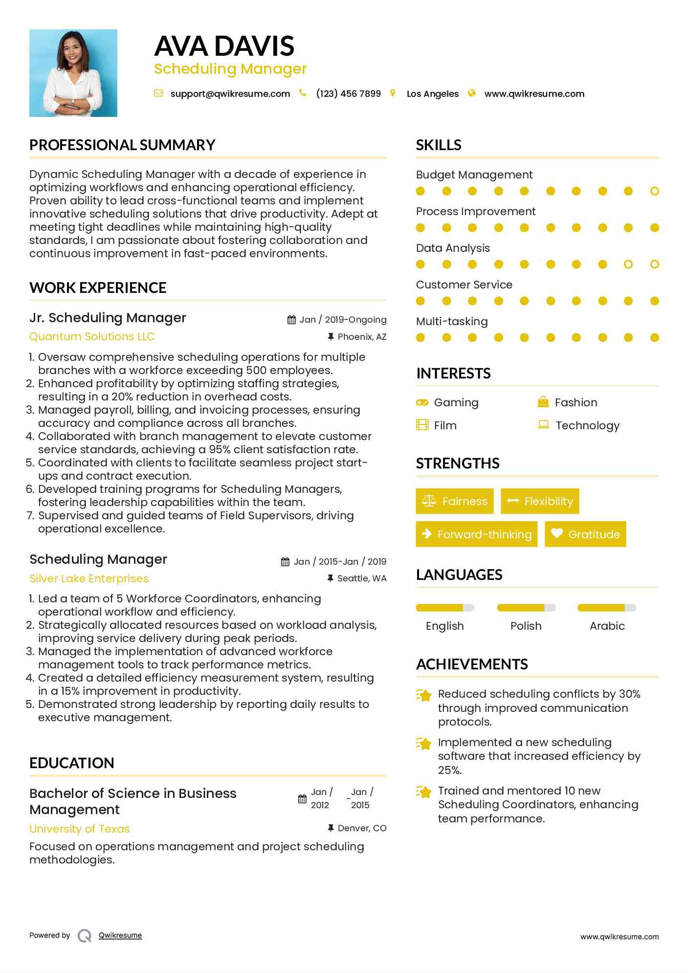 Jr. Scheduling Manager Resume Format