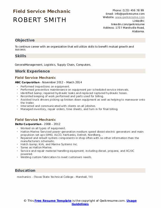 Field Service Mechanic Resume Samples QwikResume