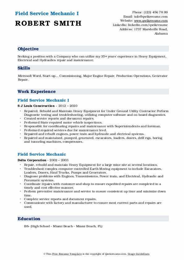 Field Service Mechanic Resume Samples QwikResume