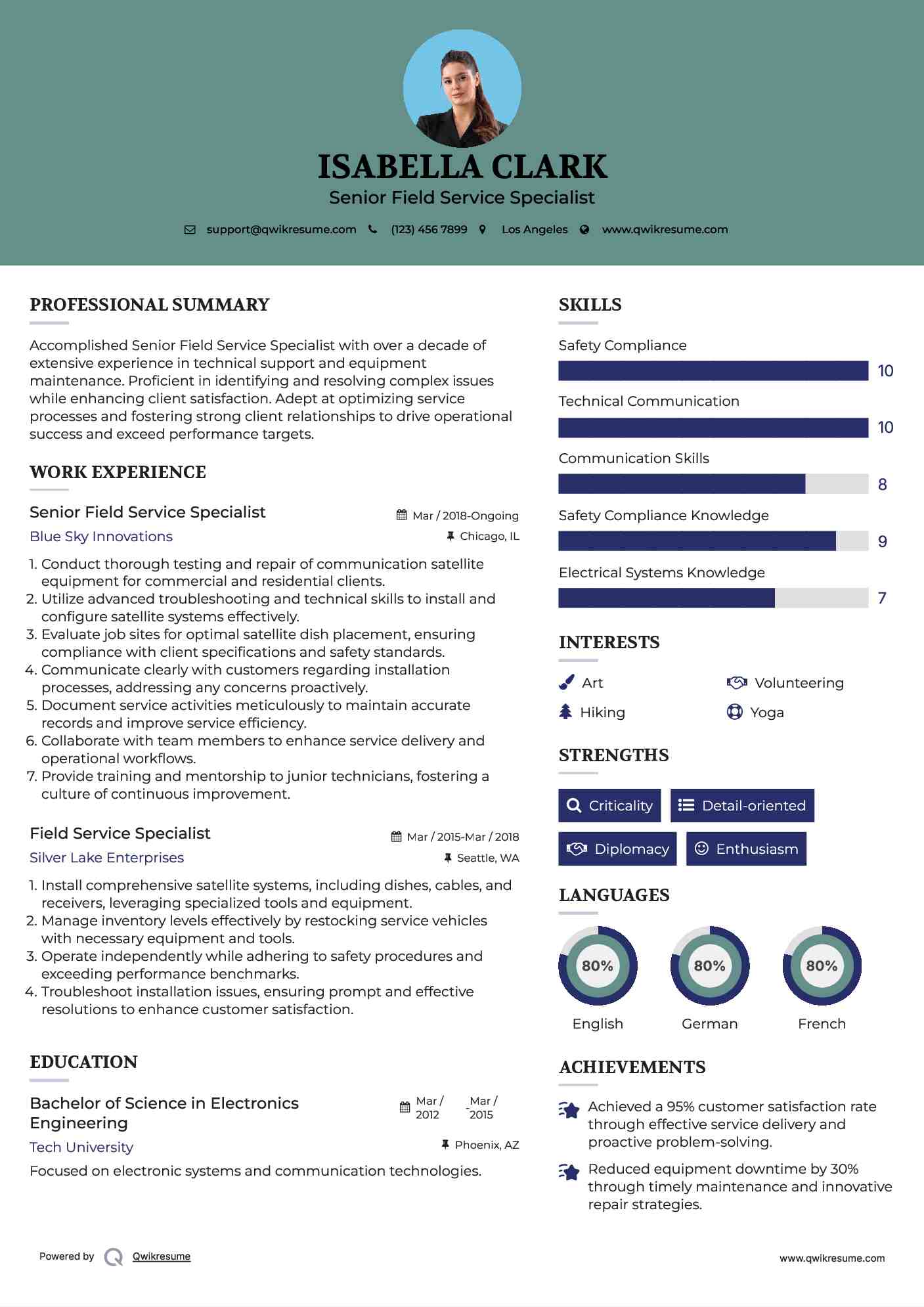 Senior Field Service Specialist Resume Sample