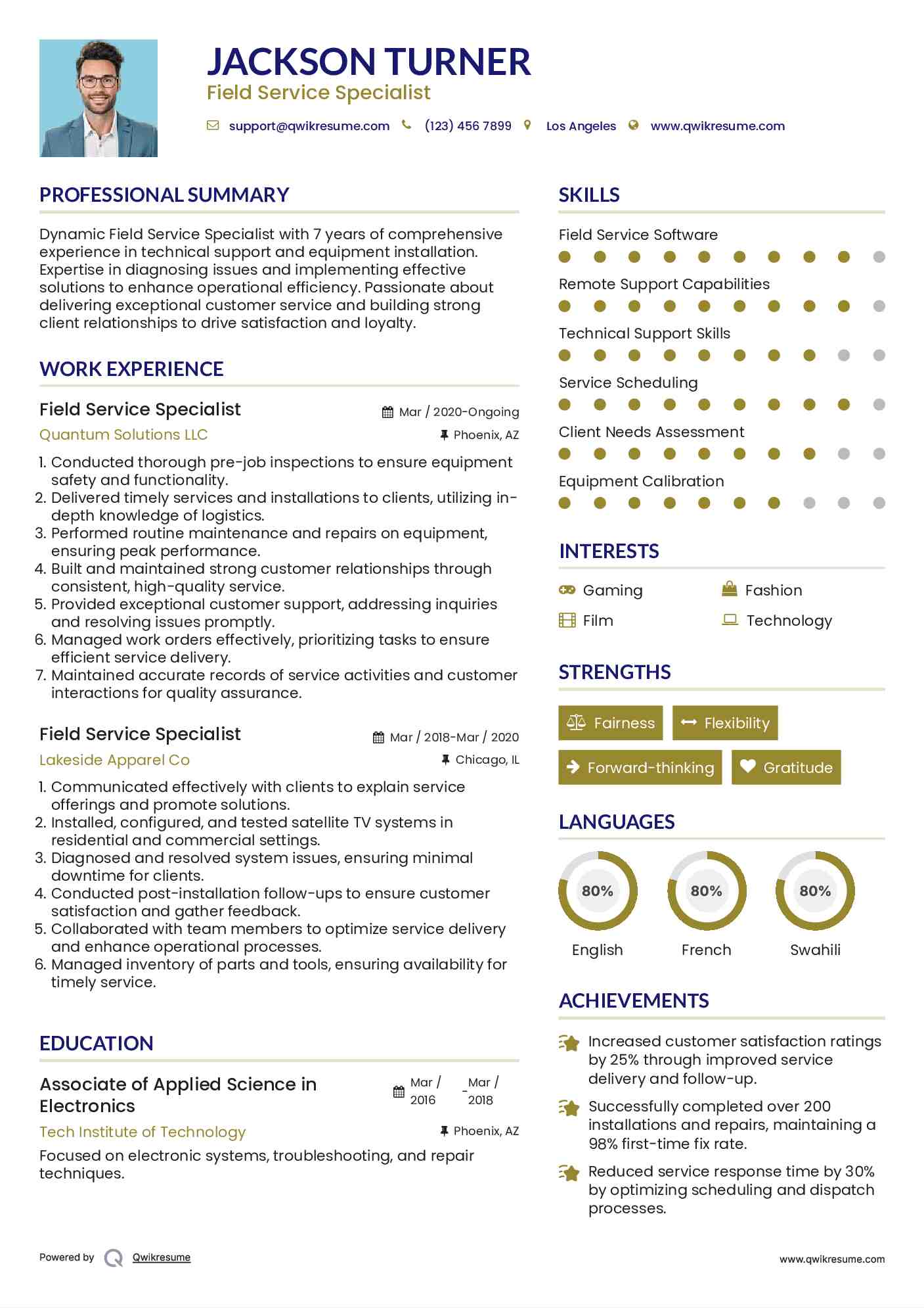 Field Service Specialist Resume Example