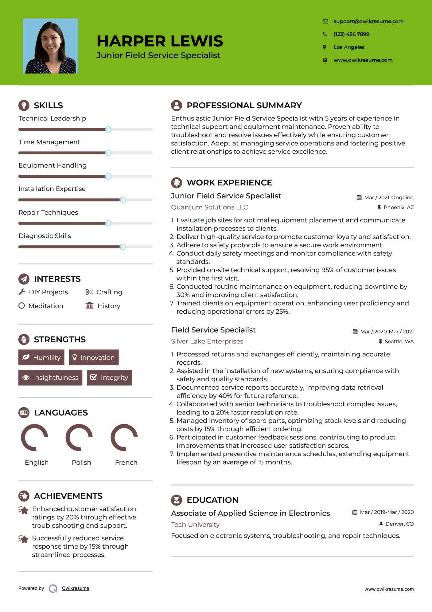 Junior Field Service Specialist Resume Template