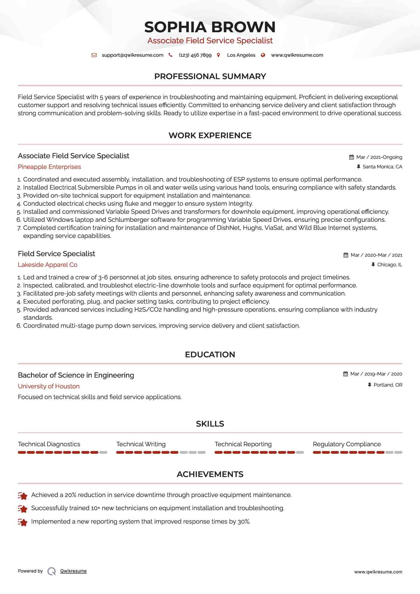 Associate Field Service Specialist Resume Template