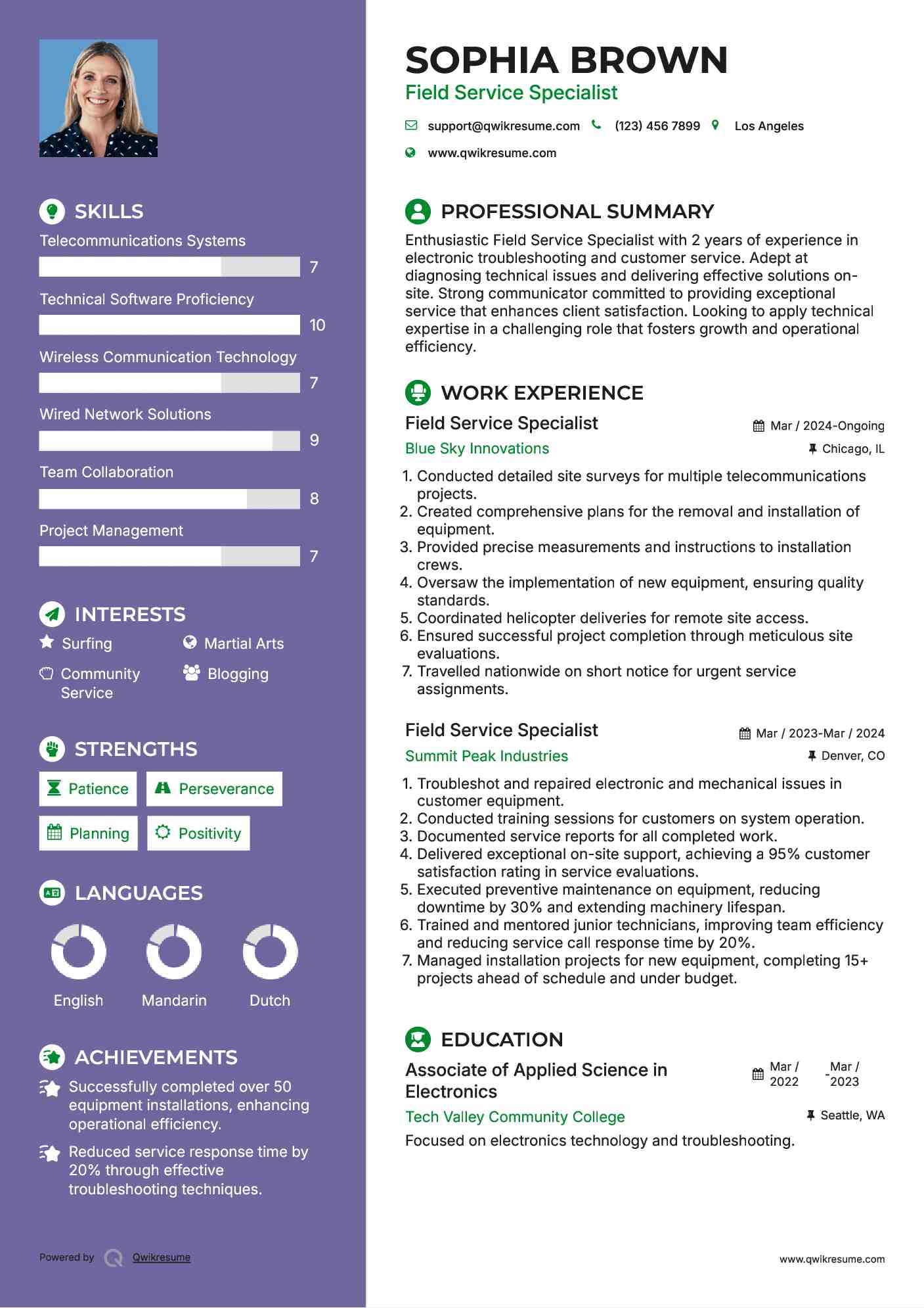 Field Service Specialist Resume Sample