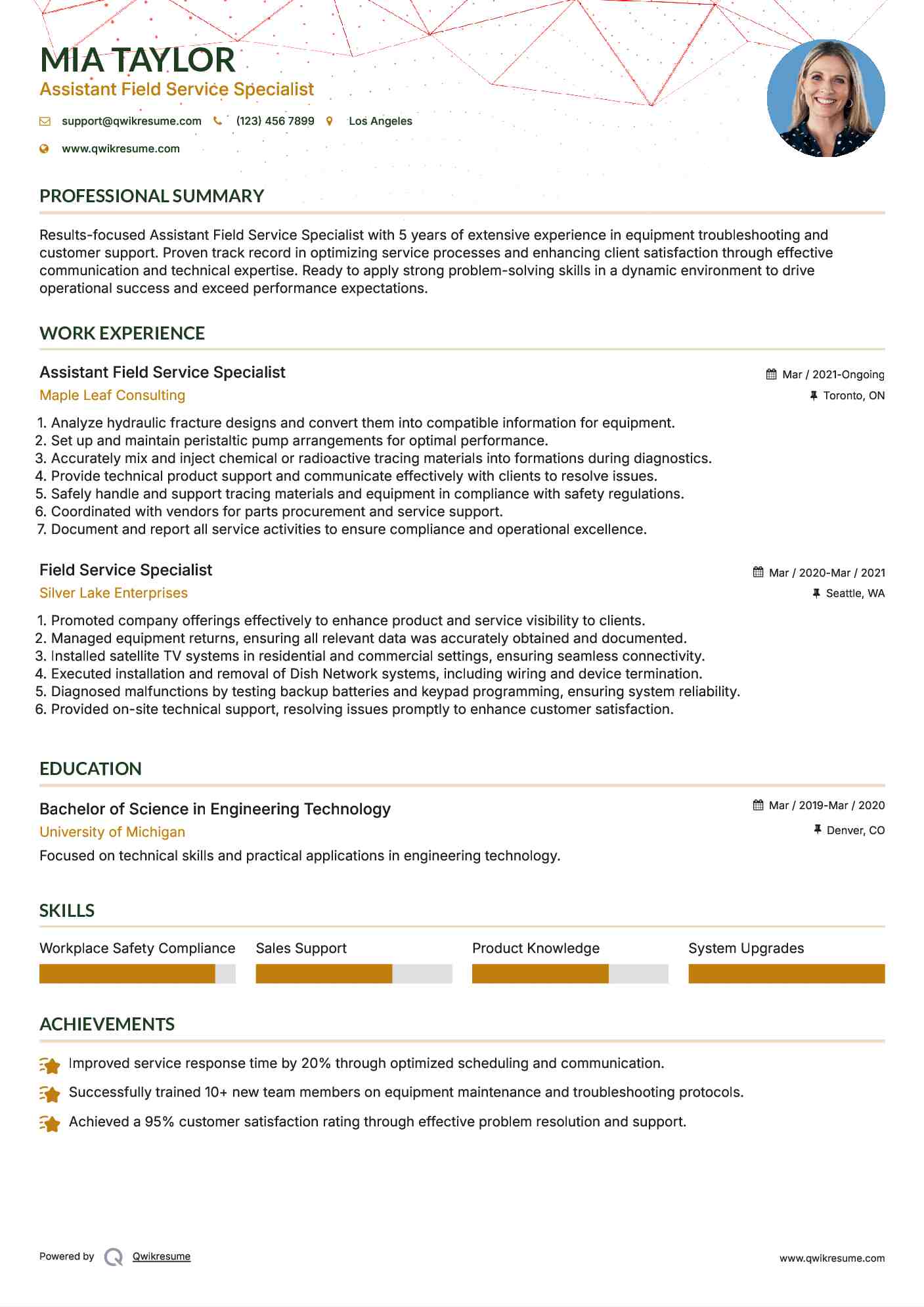 Assistant Field Service Specialist Resume Example