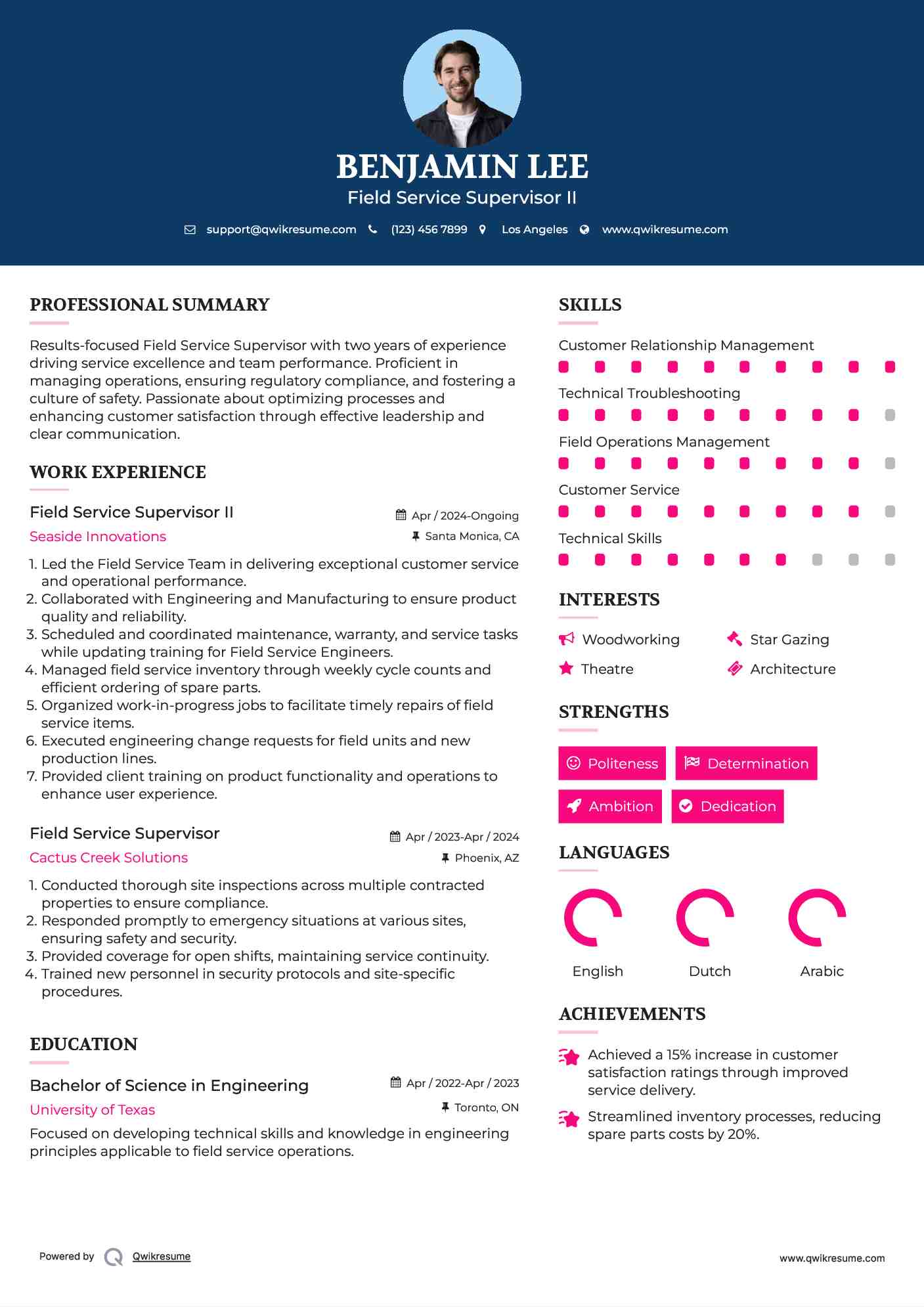 Field Service Supervisor II Resume Format