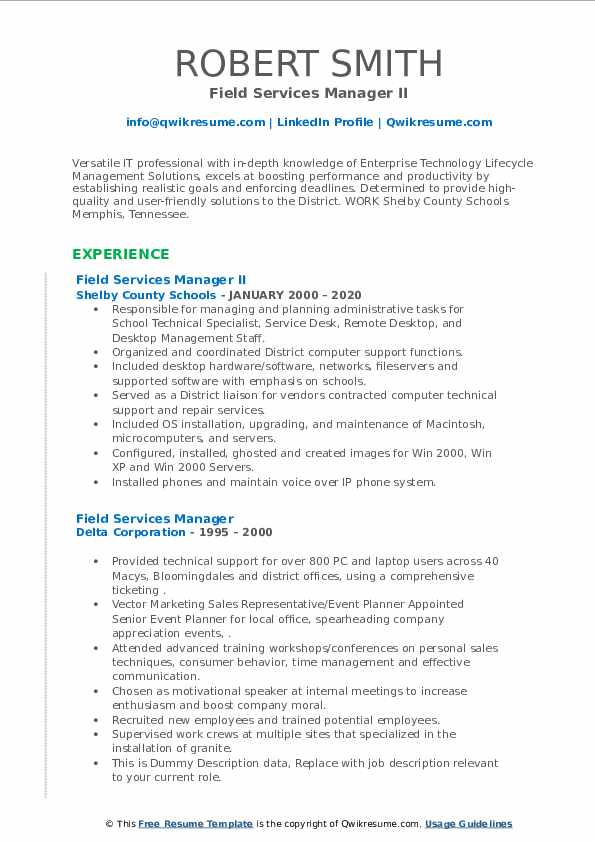 Field Services Manager Resume Samples QwikResume