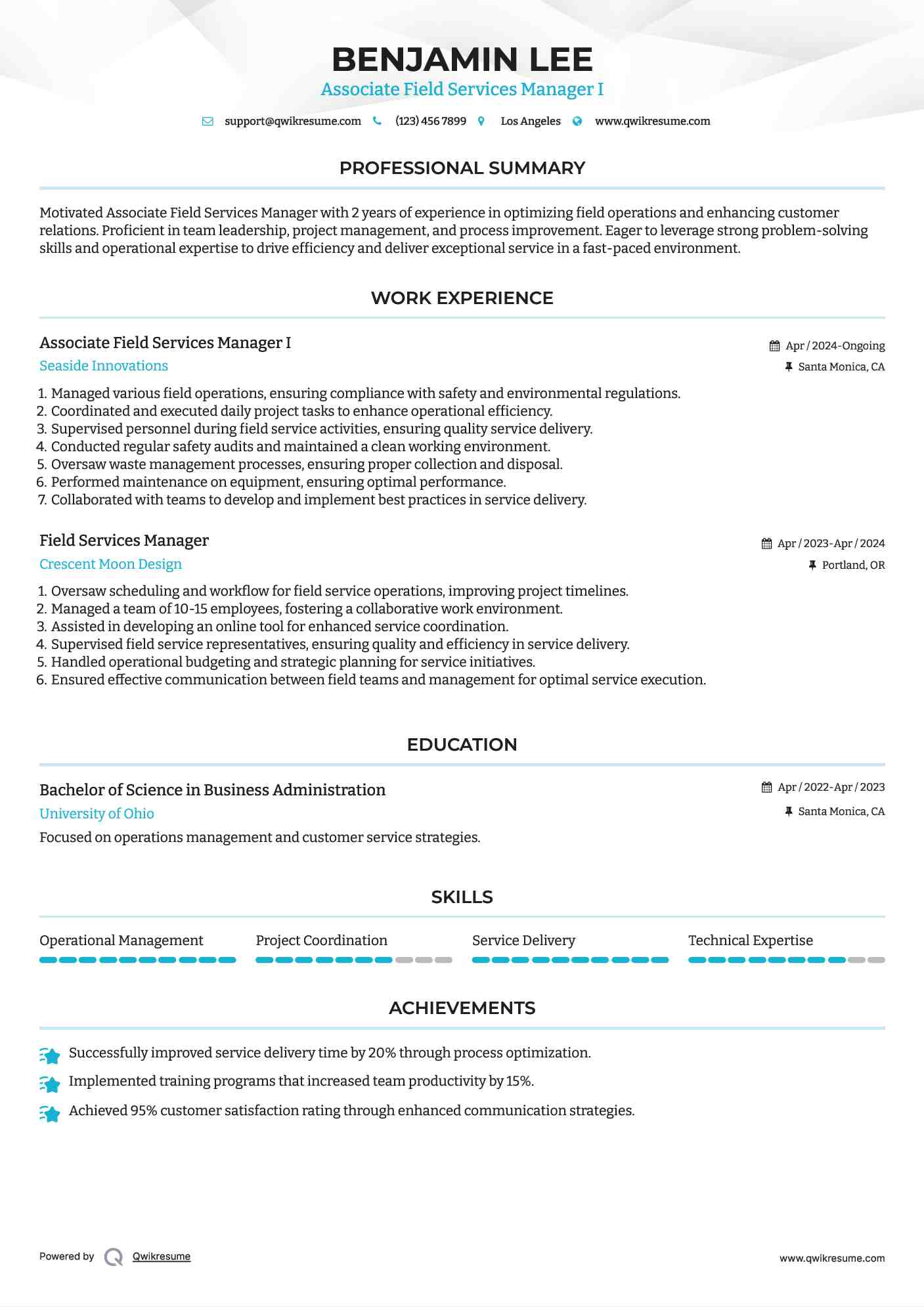 Field Services Manager Resume Samples QwikResume