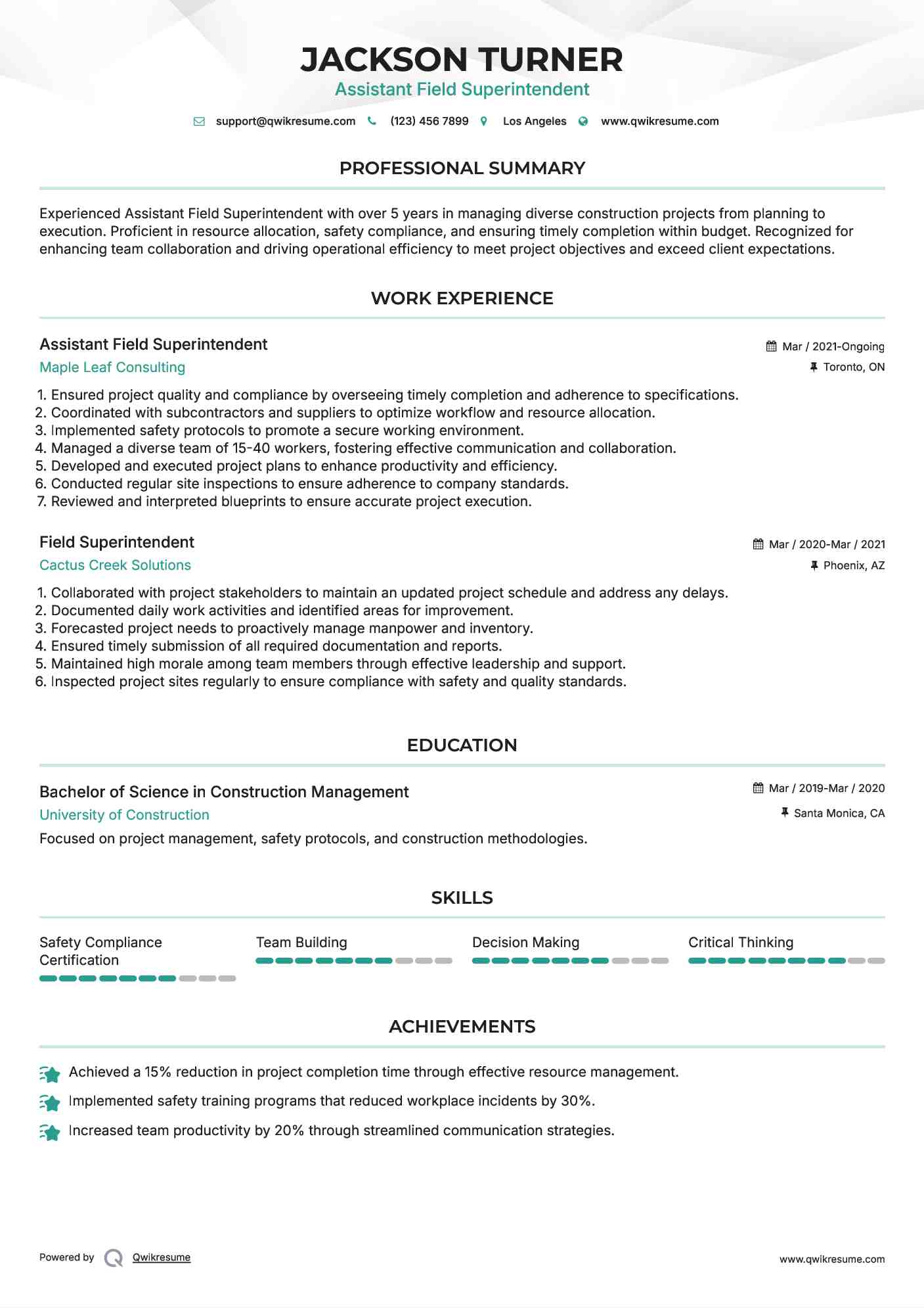 Assistant Field Superintendent Resume Template