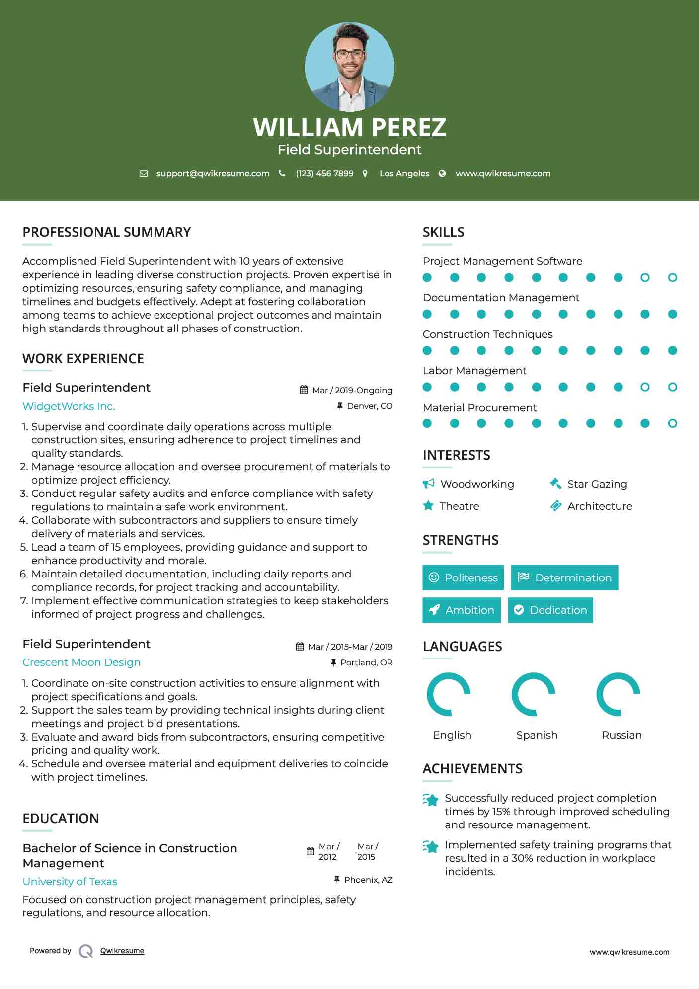 Field Superintendent Resume Example