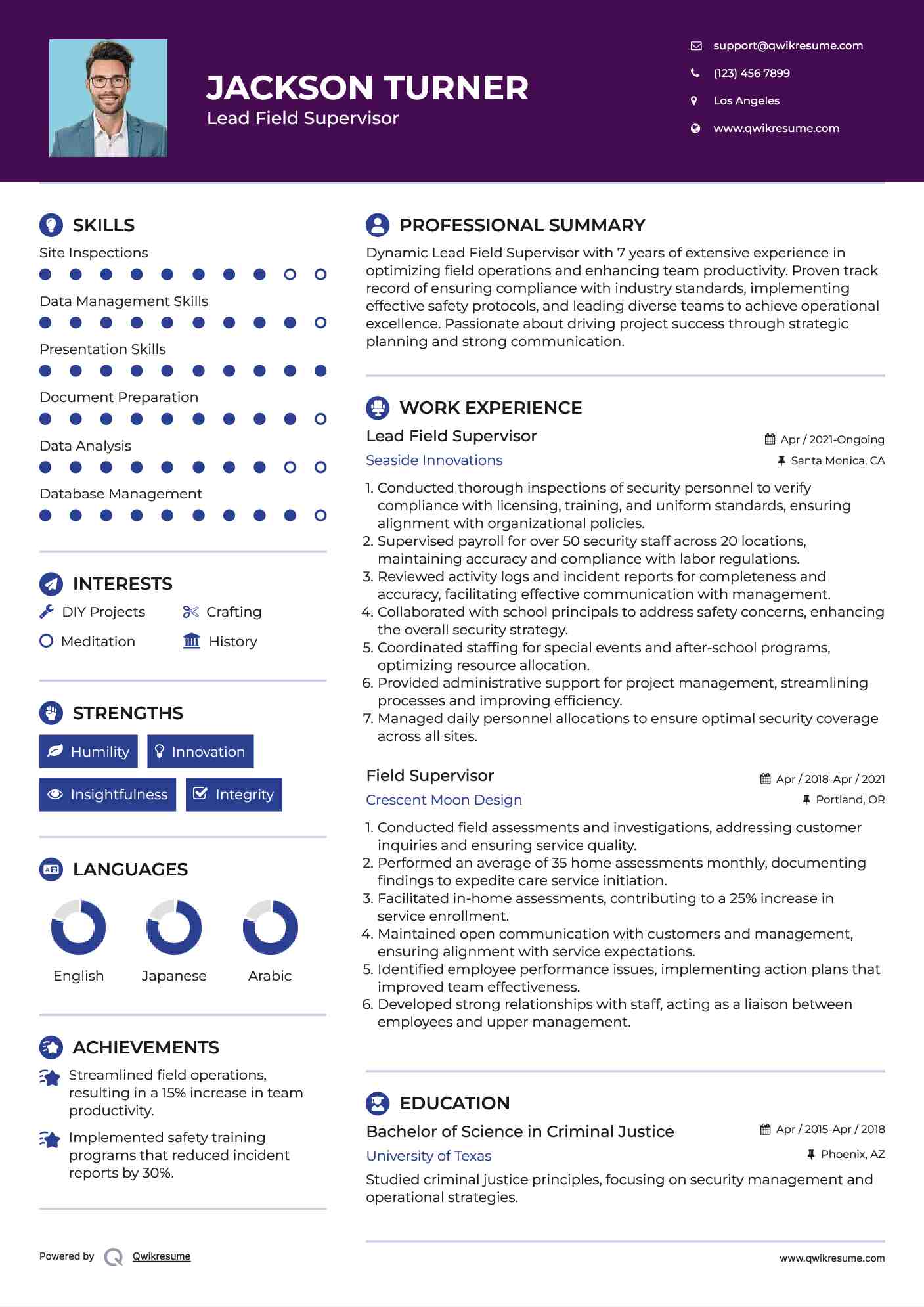 Lead Field Supervisor
 Resume Example
