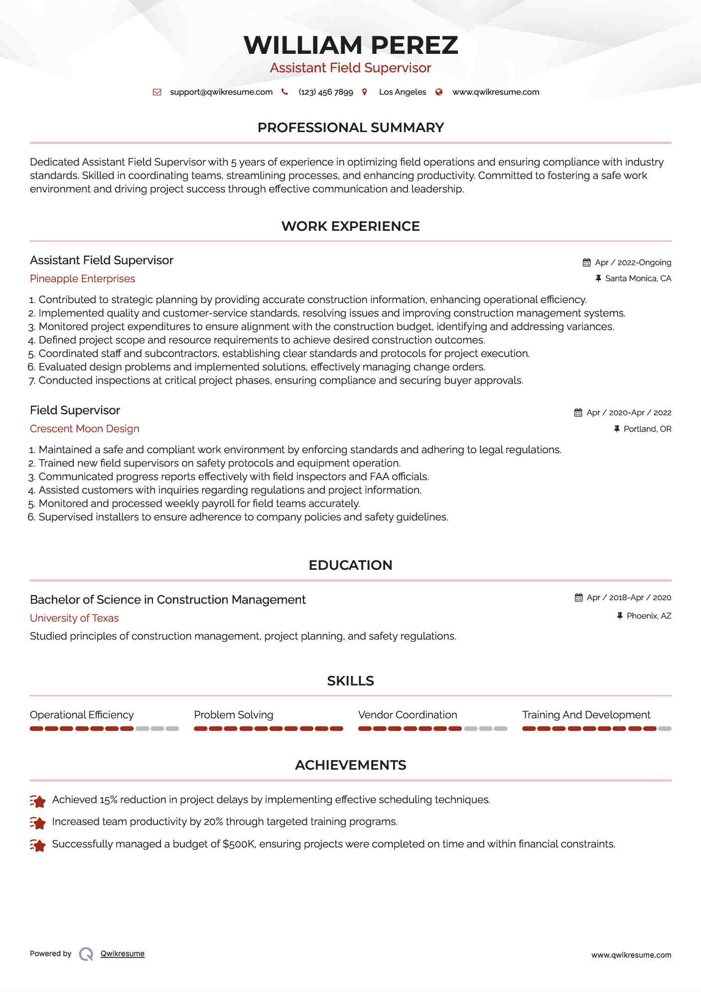 Assistant Field Supervisor
 Resume Format