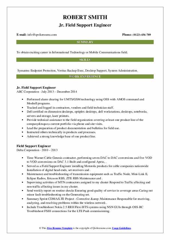 Field Support Engineer Resume Samples QwikResume