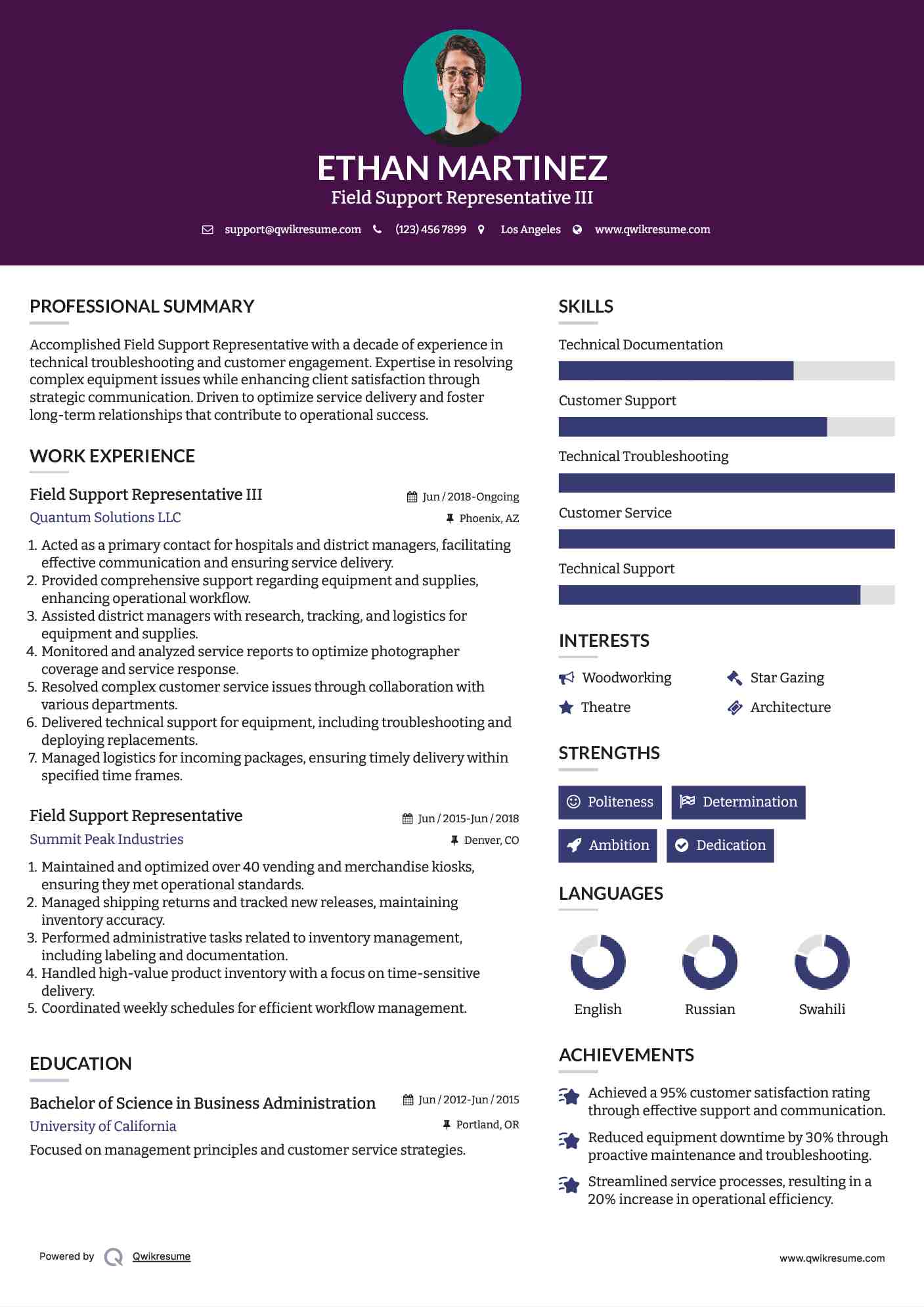Field Support Representative III Resume Example