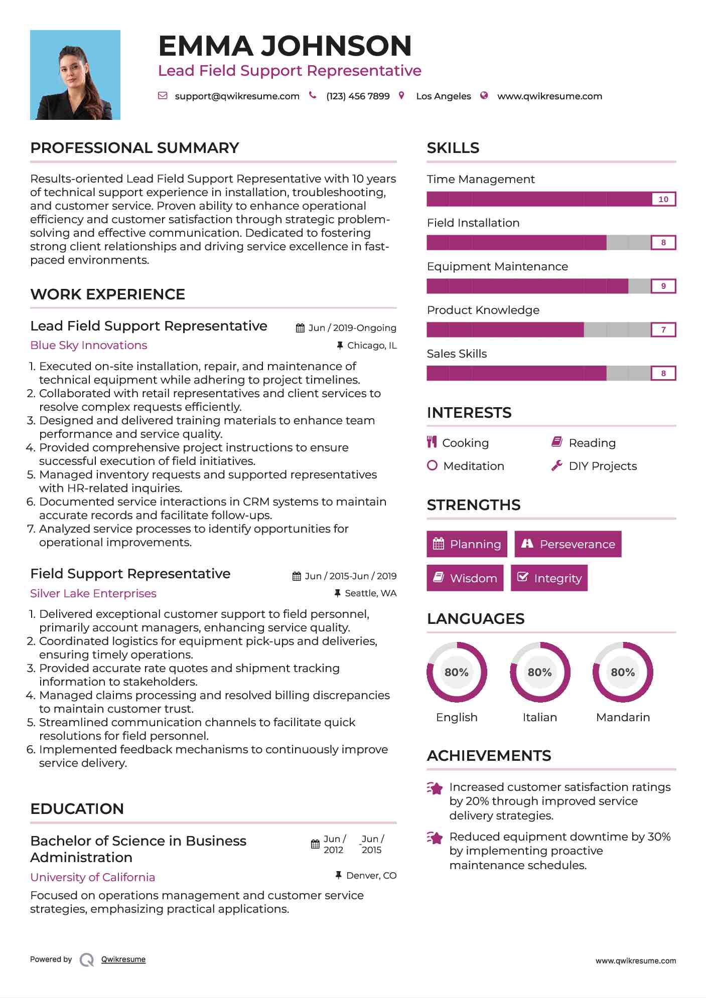 Lead Field Support Representative Resume Sample