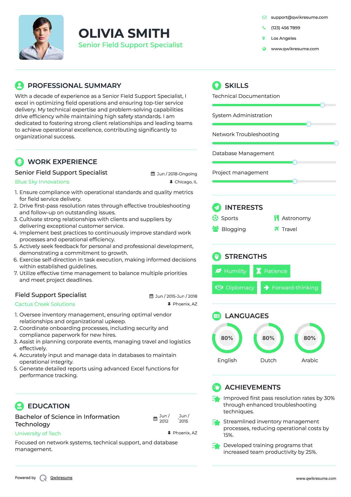 Senior Field Support Specialist Resume Example
