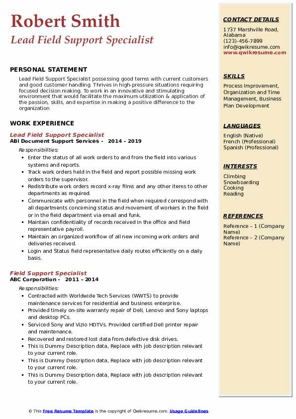 Field Support Specialist Resume Samples QwikResume