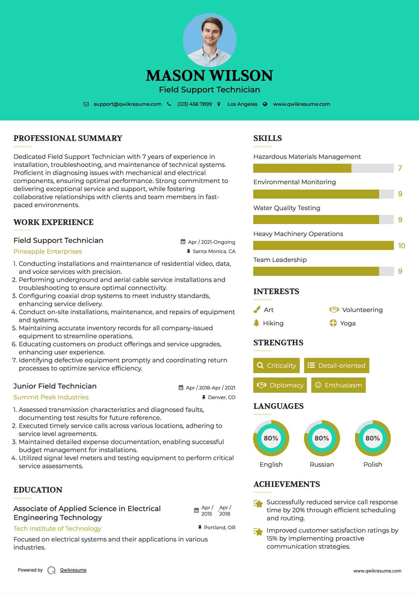 Field Support Technician Resume Model