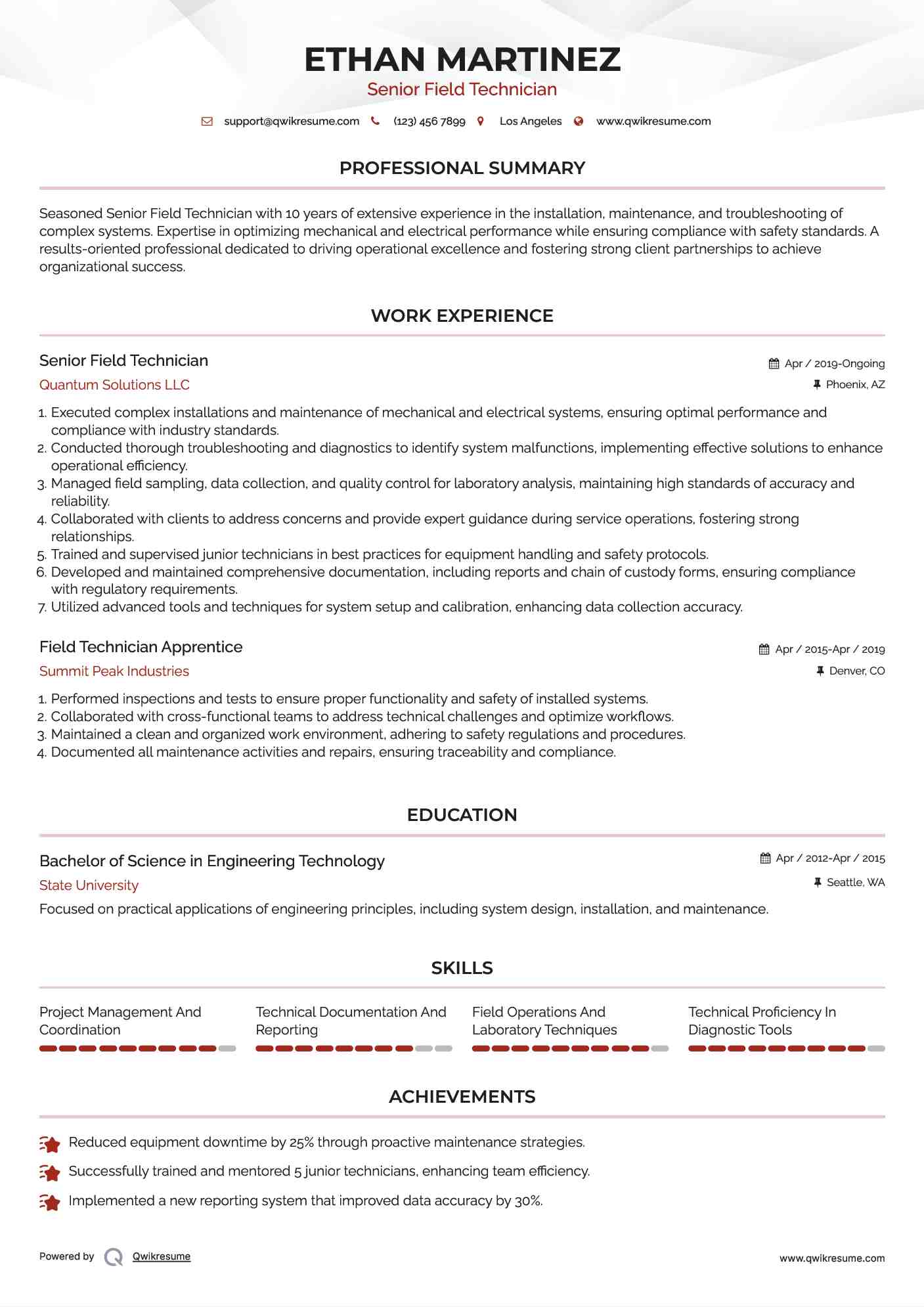 Senior Field Technician Resume Model