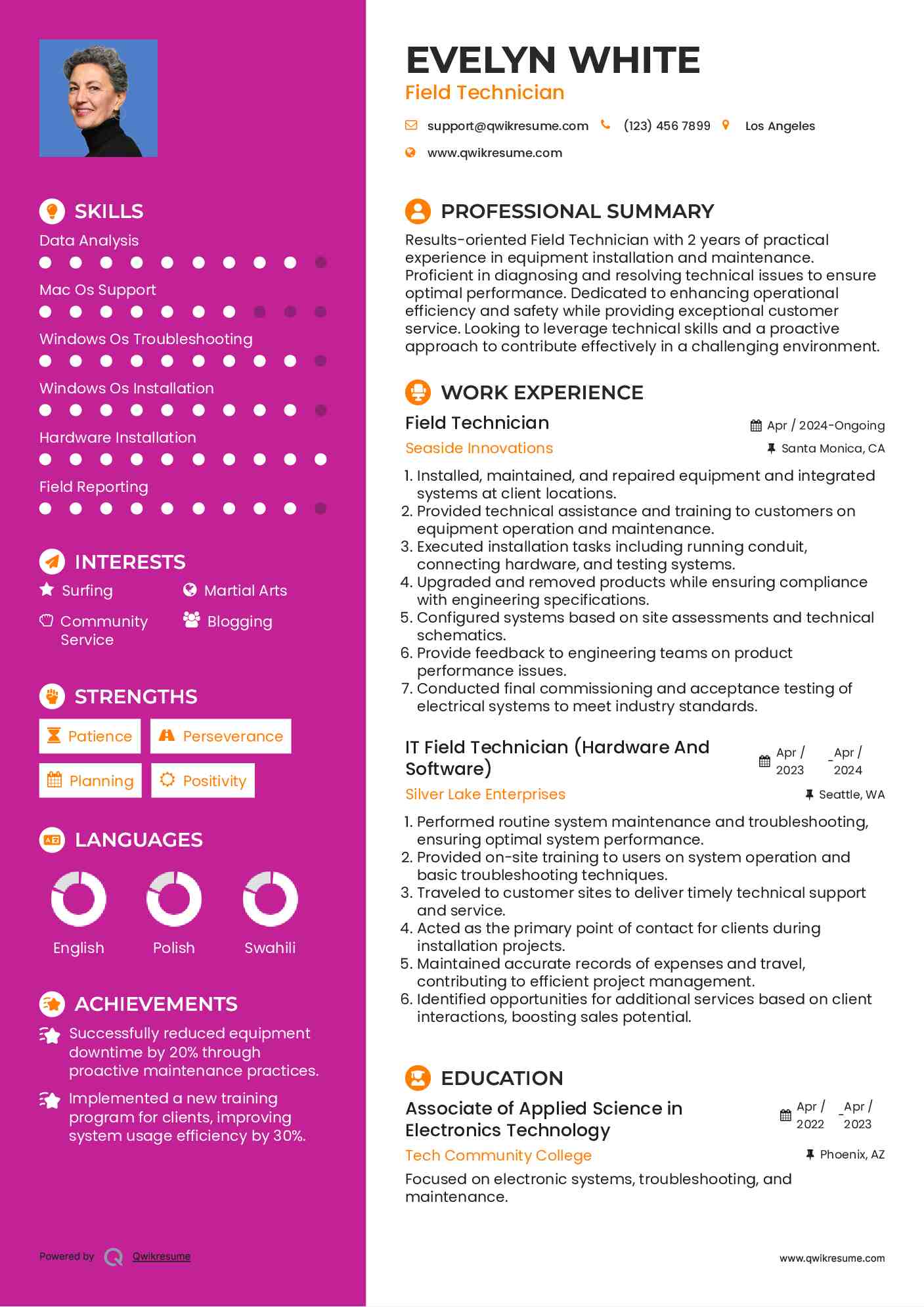 Field Technician Resume Example