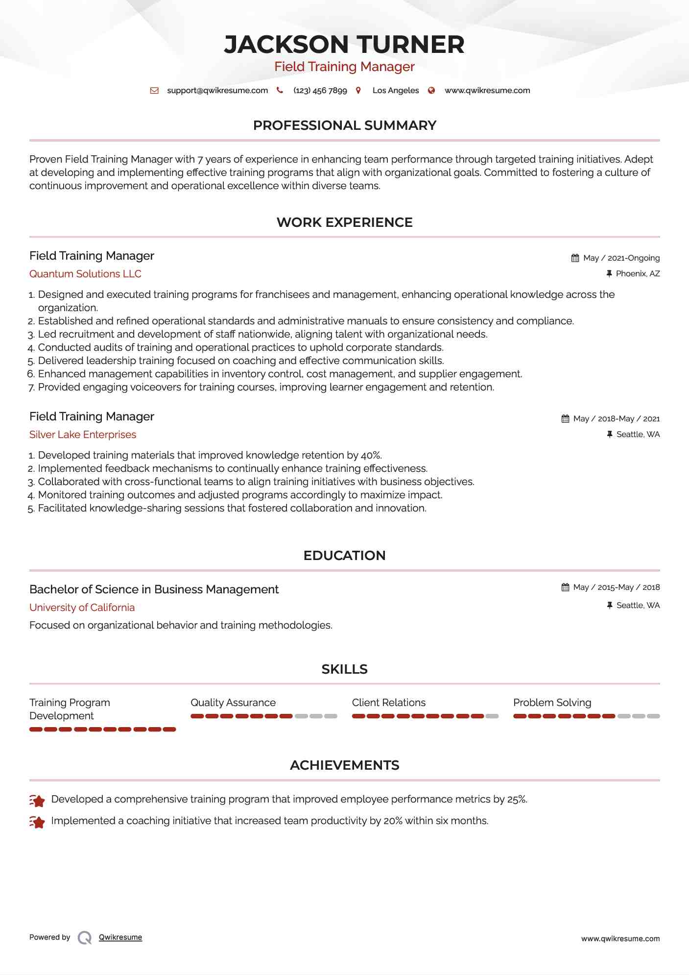 Field Training Manager Resume Sample