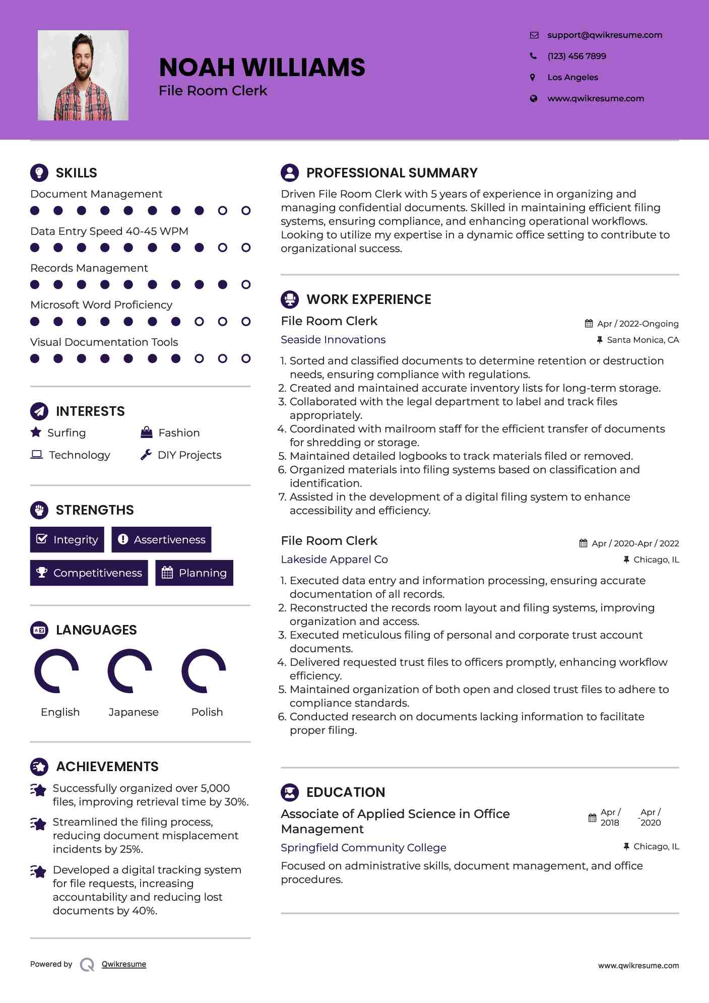 File Room Clerk Resume Sample