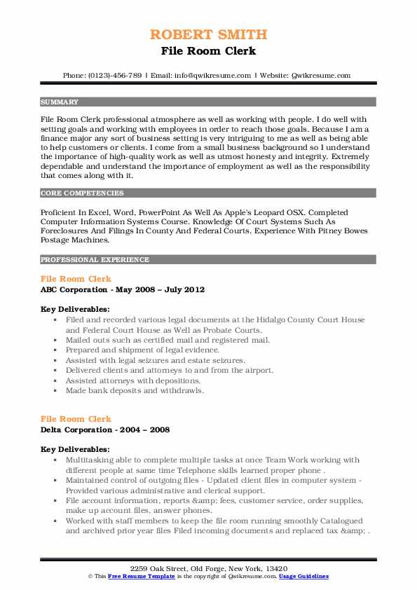 File Room Clerk Resume Samples QwikResume