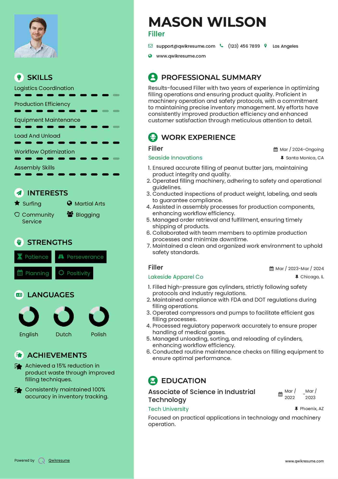 Filler Resume Sample