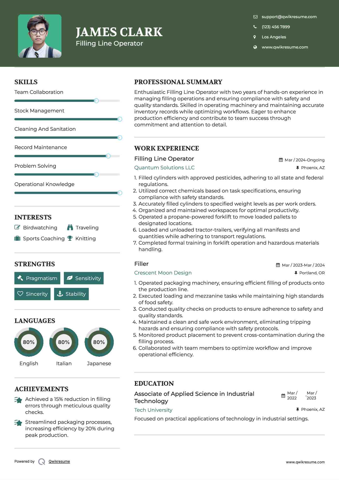 Filling Line Operator Resume Model