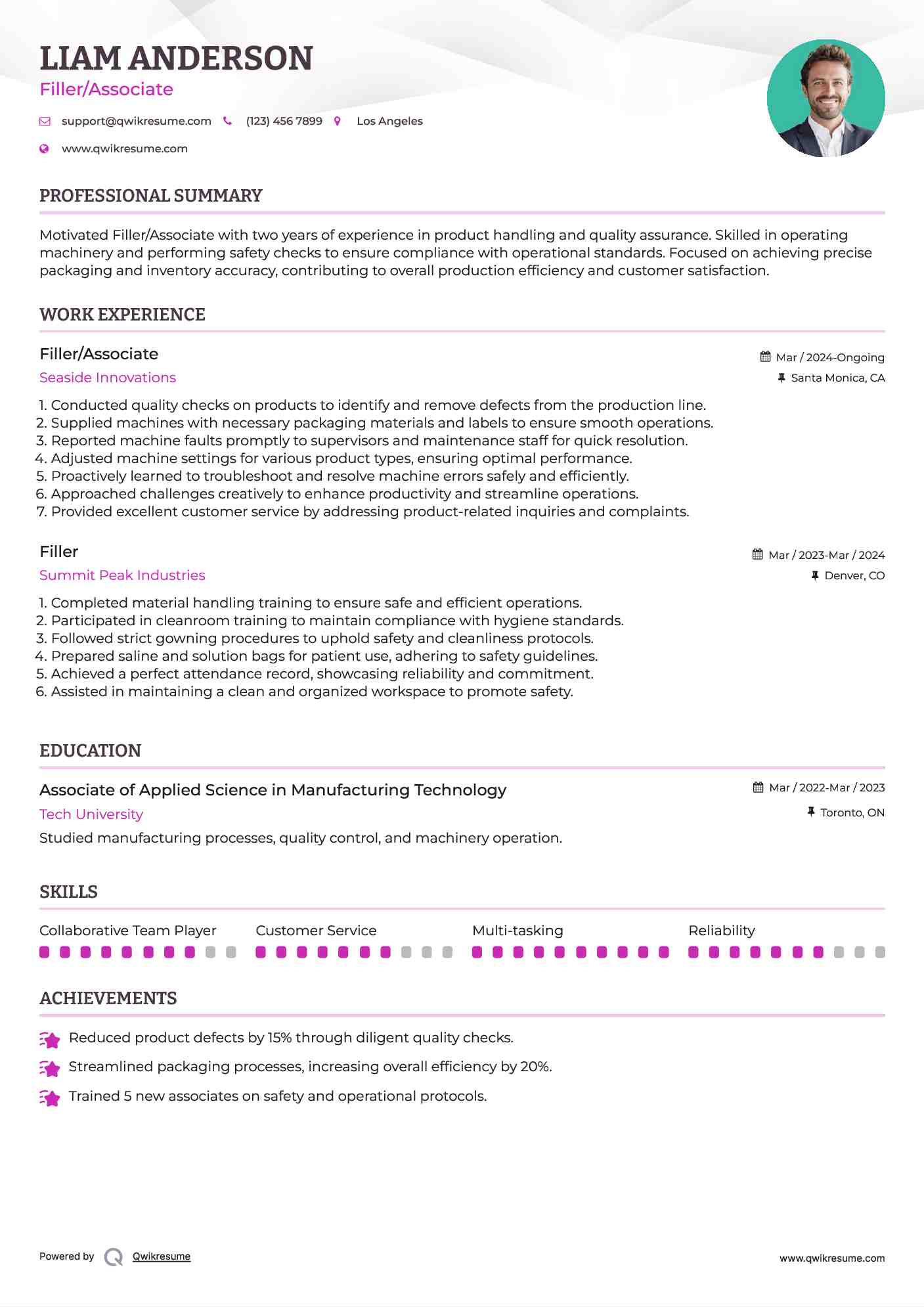 Filler/Associate Resume Example