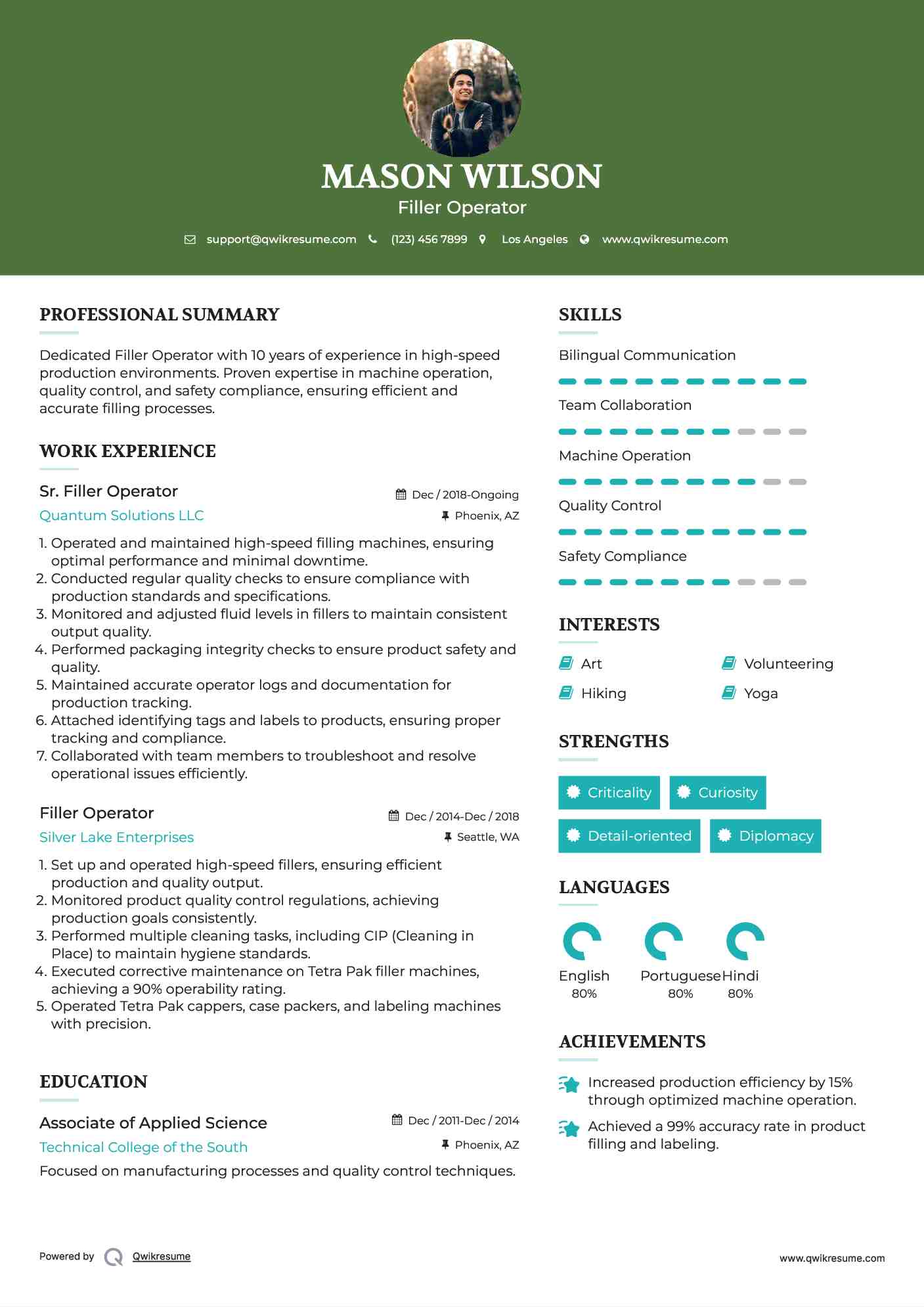 Sr. Filler Operator Resume Sample