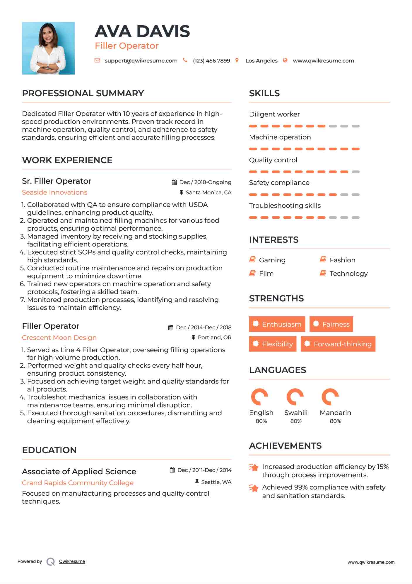 Sr. Filler Operator Resume Sample