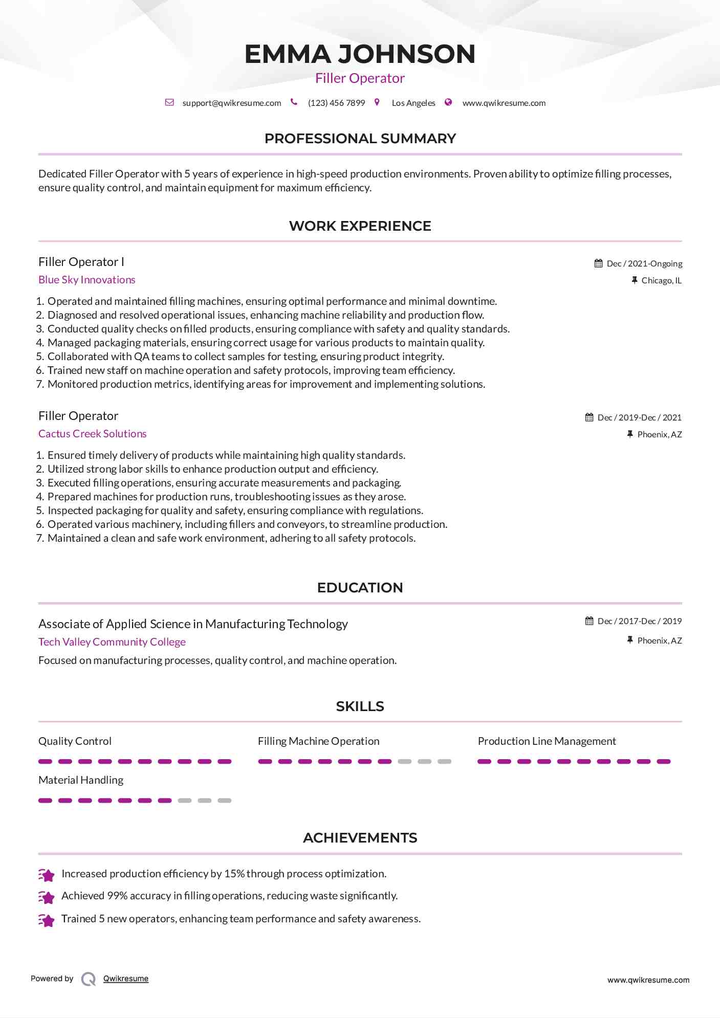 Filler Operator I Resume Sample