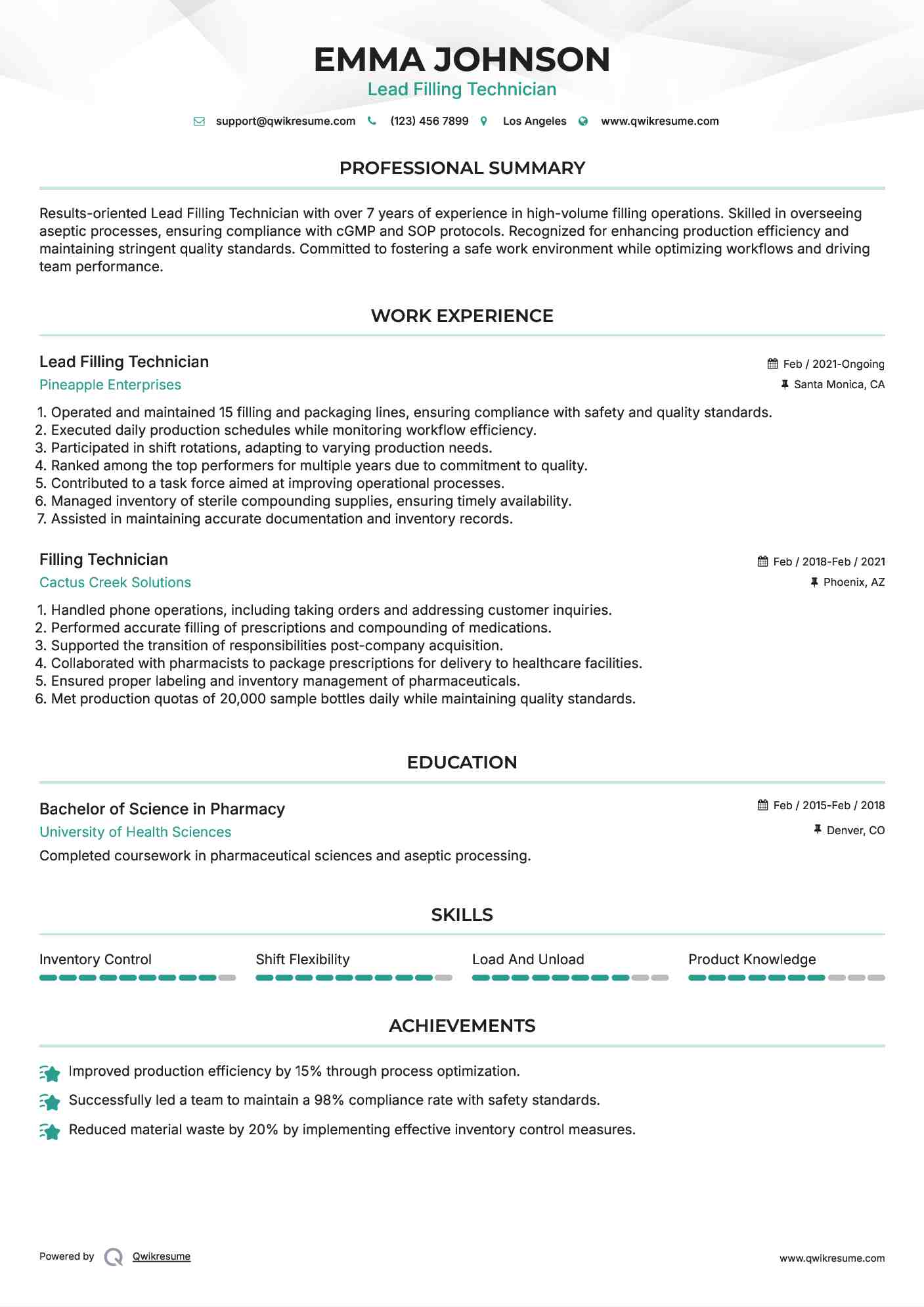 Lead Filling Technician Resume Model