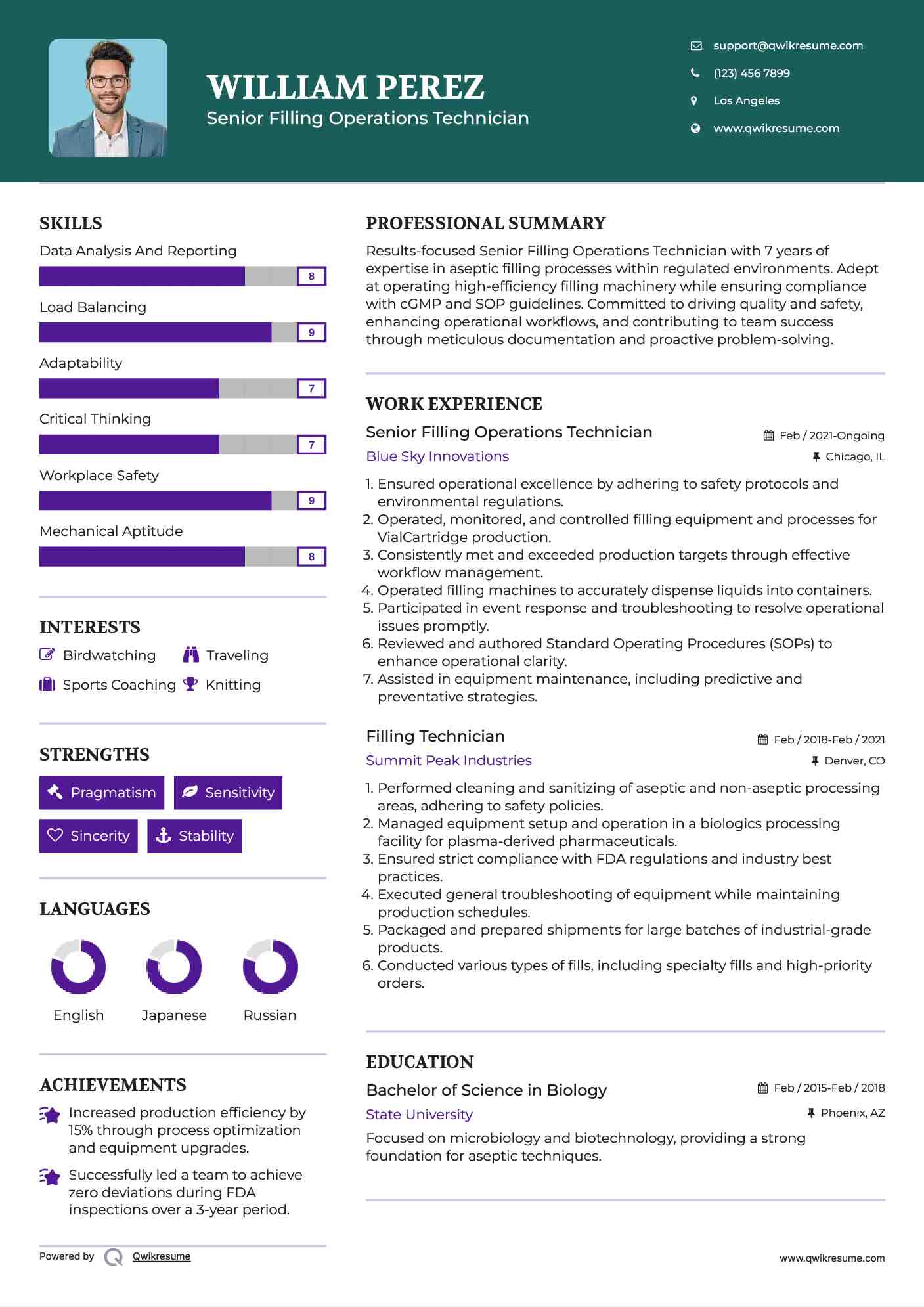 Senior Filling Operations Technician Resume Sample
