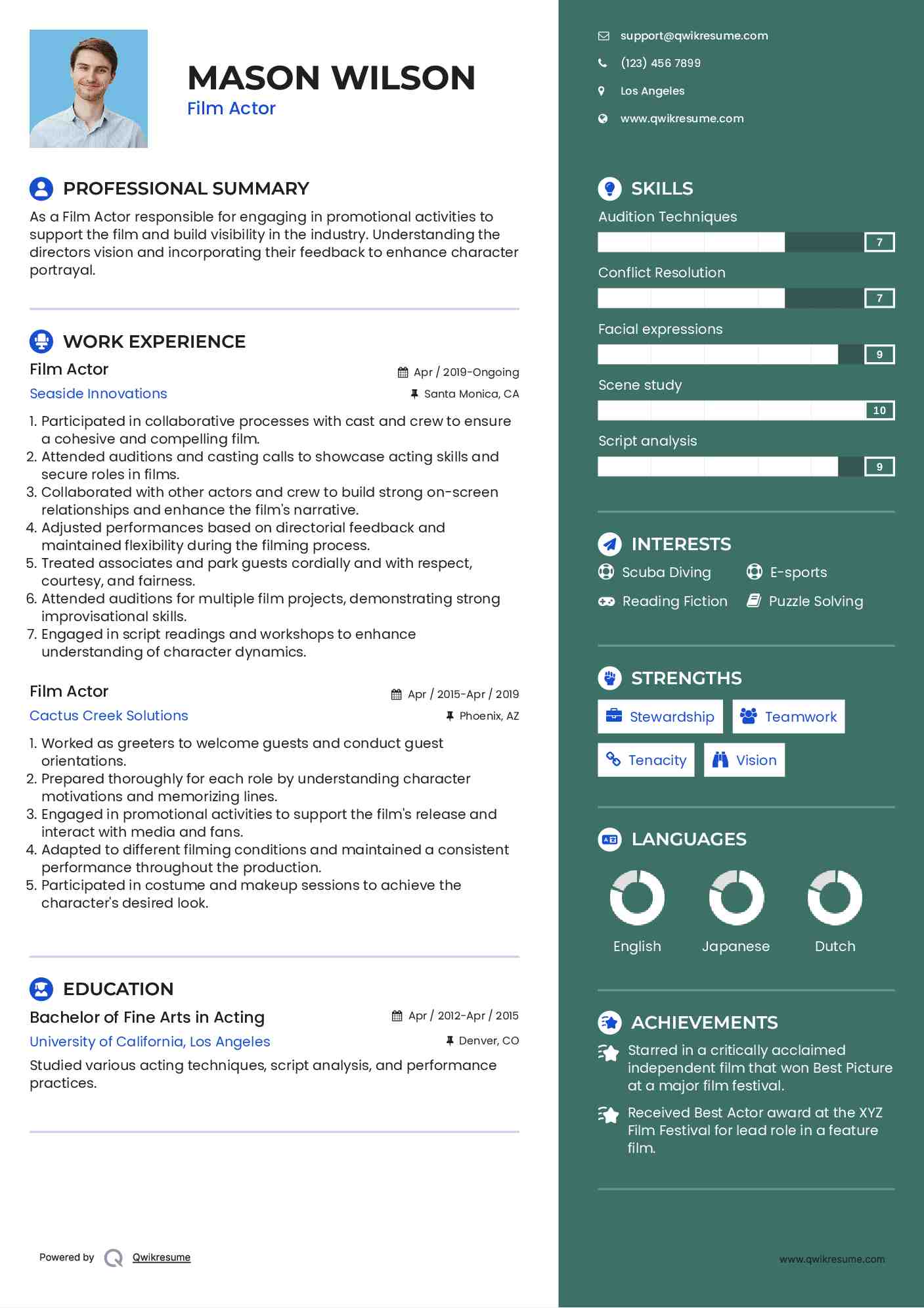 Film Actor Resume Sample