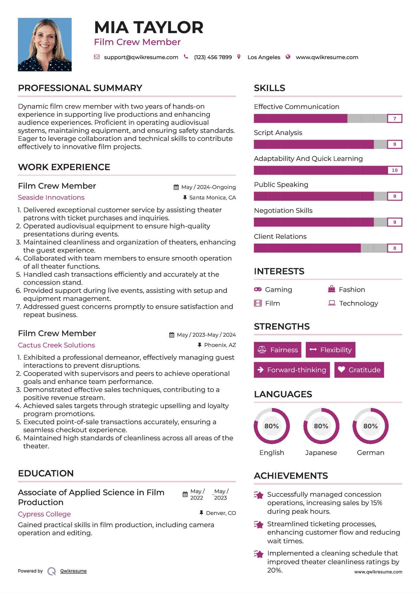 Film Crew Member Resume Sample