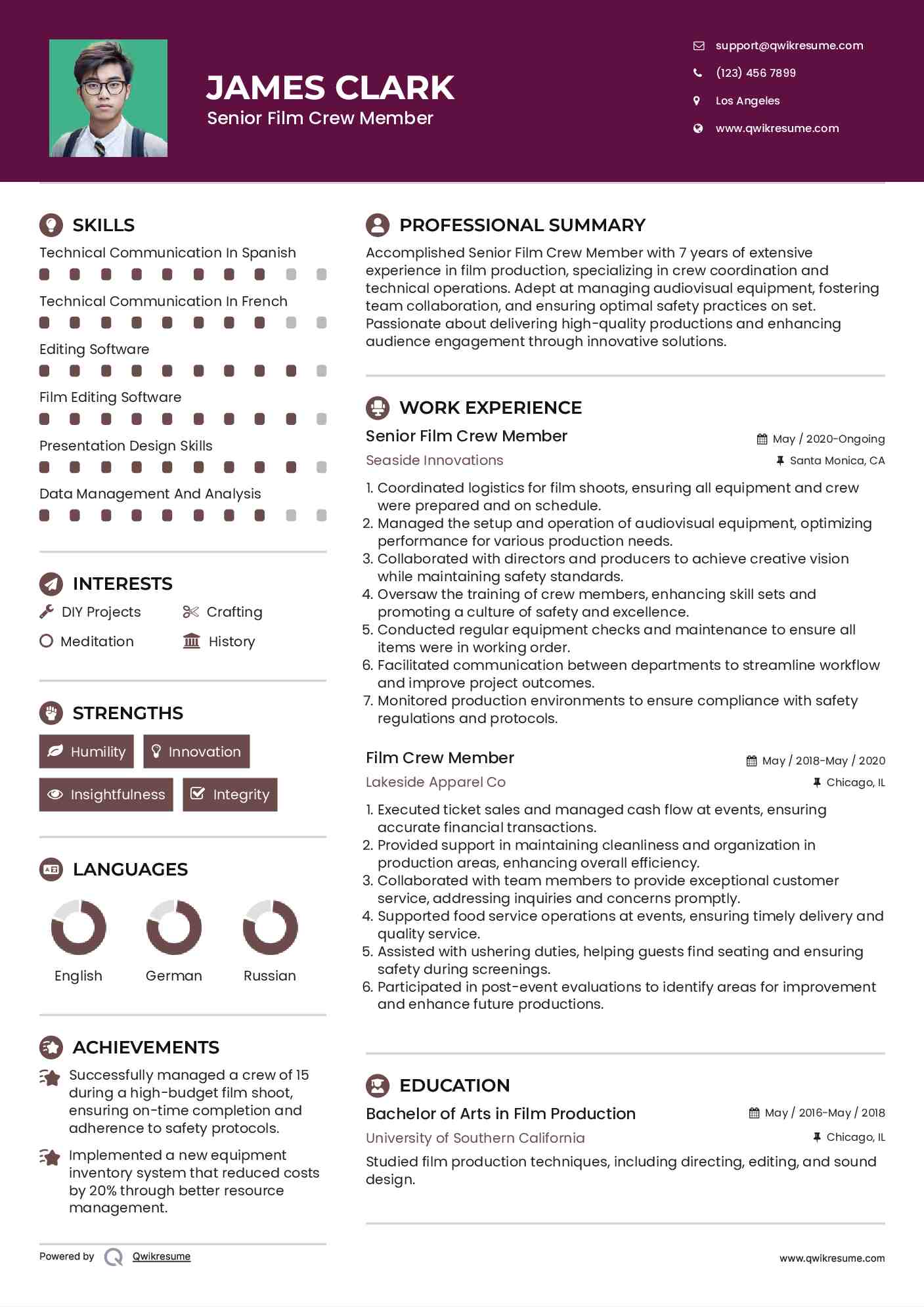 Senior Film Crew Member Resume Format