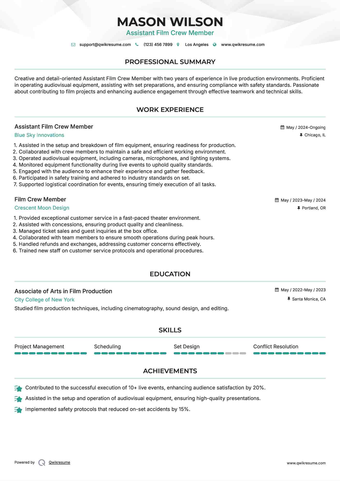 Assistant Film Crew Member Resume Sample