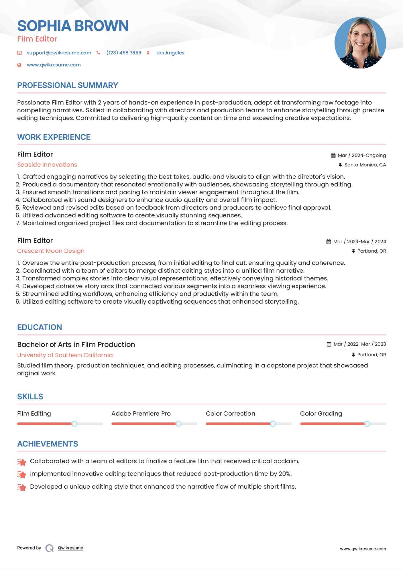 Film Editor Resume Samples Qwikresume