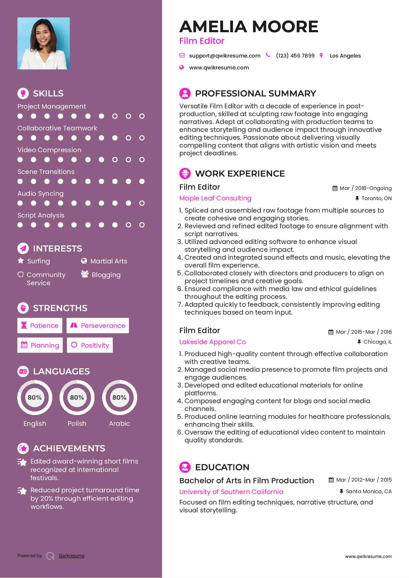 Film Editor Resume Samples | QwikResume