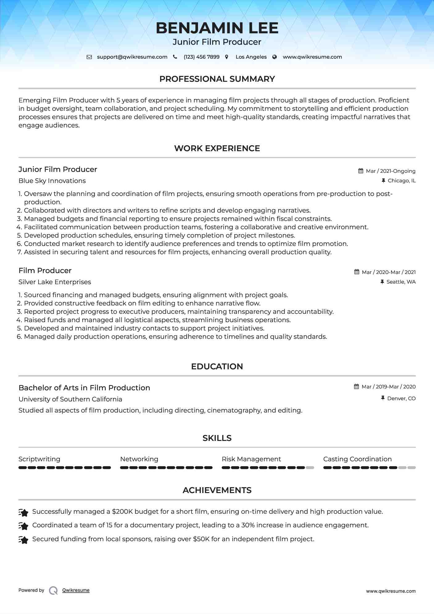 Junior Film Producer Resume Sample