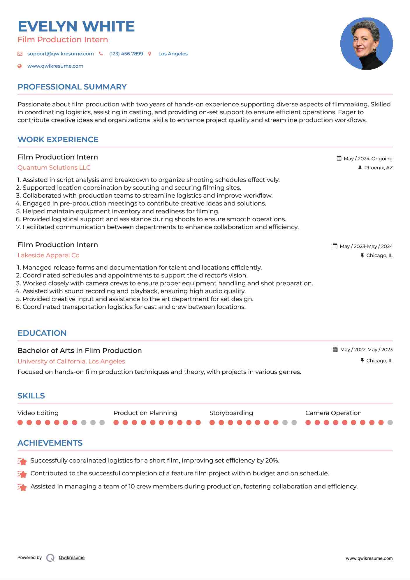 Film Production Intern Resume Sample