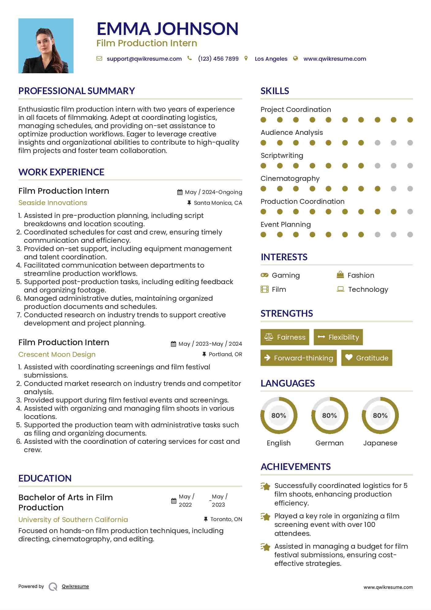 Film Production Intern Resume Template