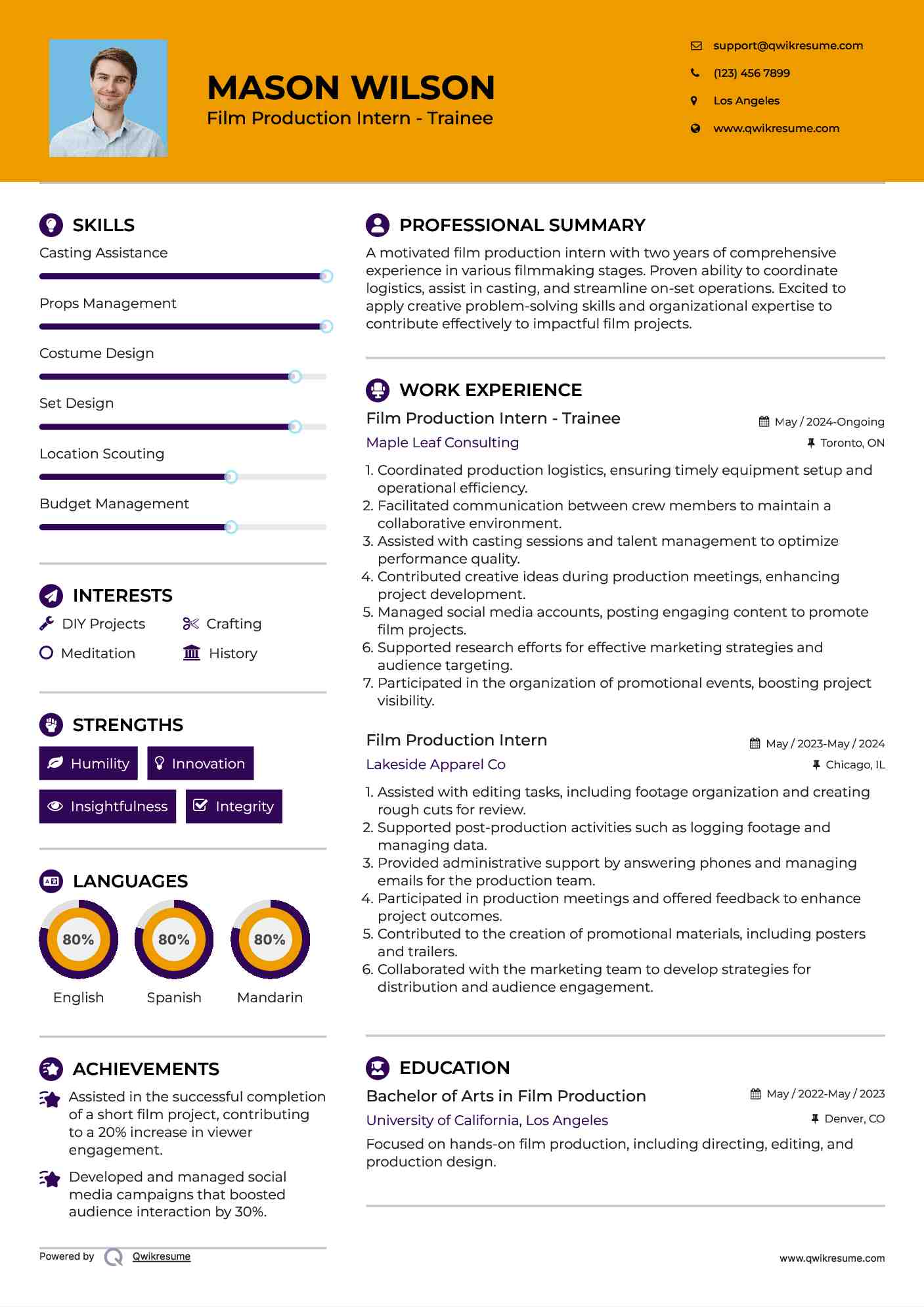 Film Production Intern - Trainee Resume Sample
