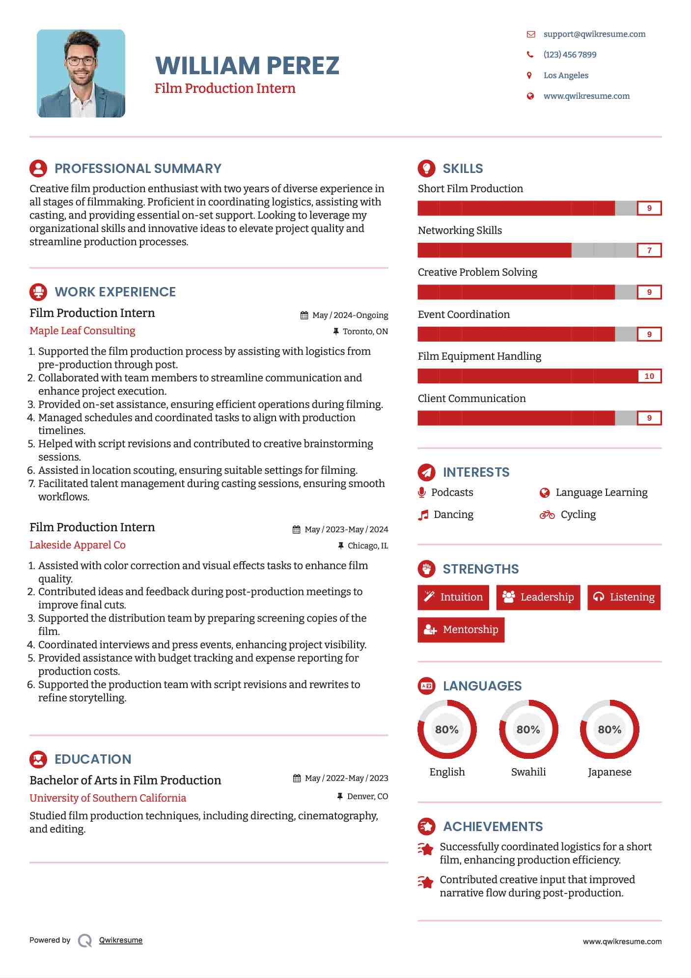 Film Production Intern Resume Model