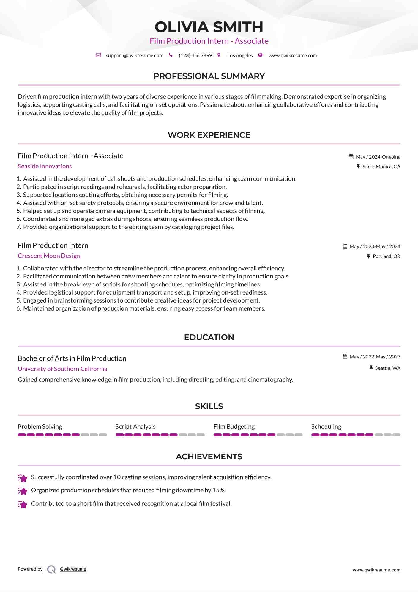 Film Production Intern - Associate Resume Model