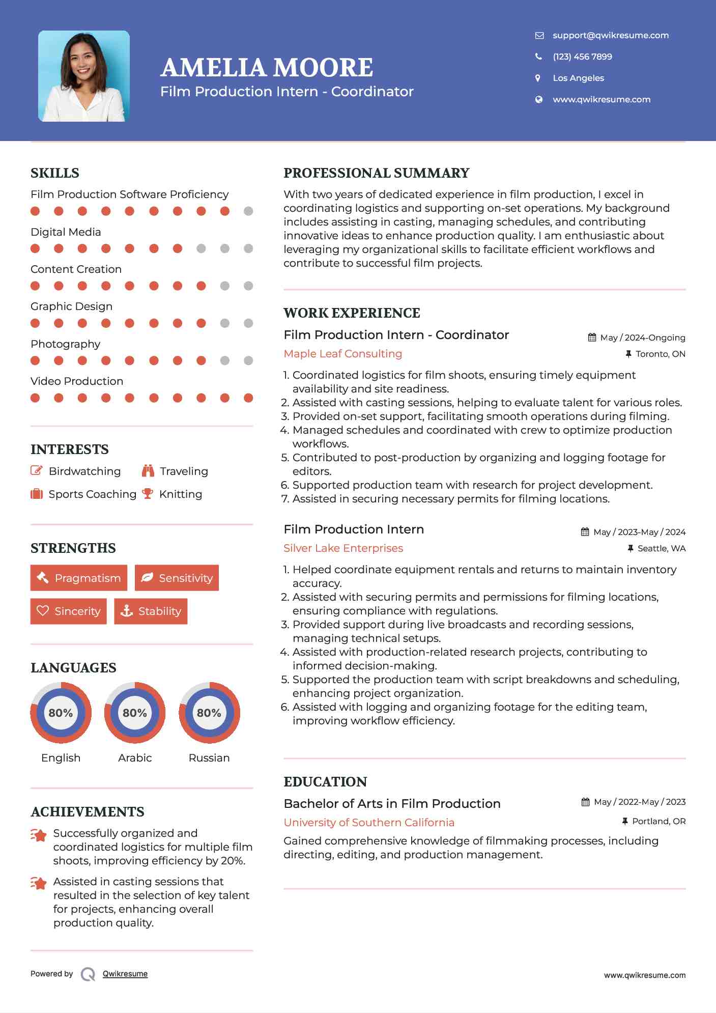 Film Production Intern - Coordinator Resume Model