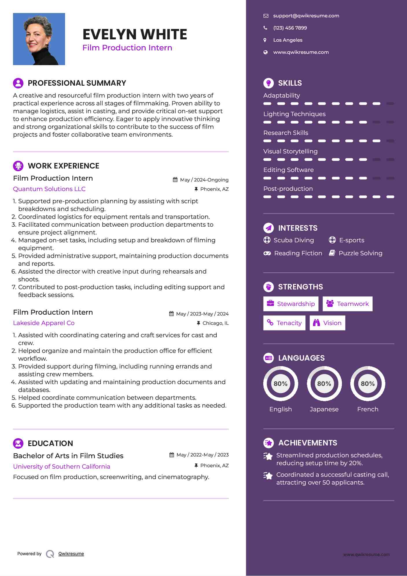 Film Production Intern Resume Example